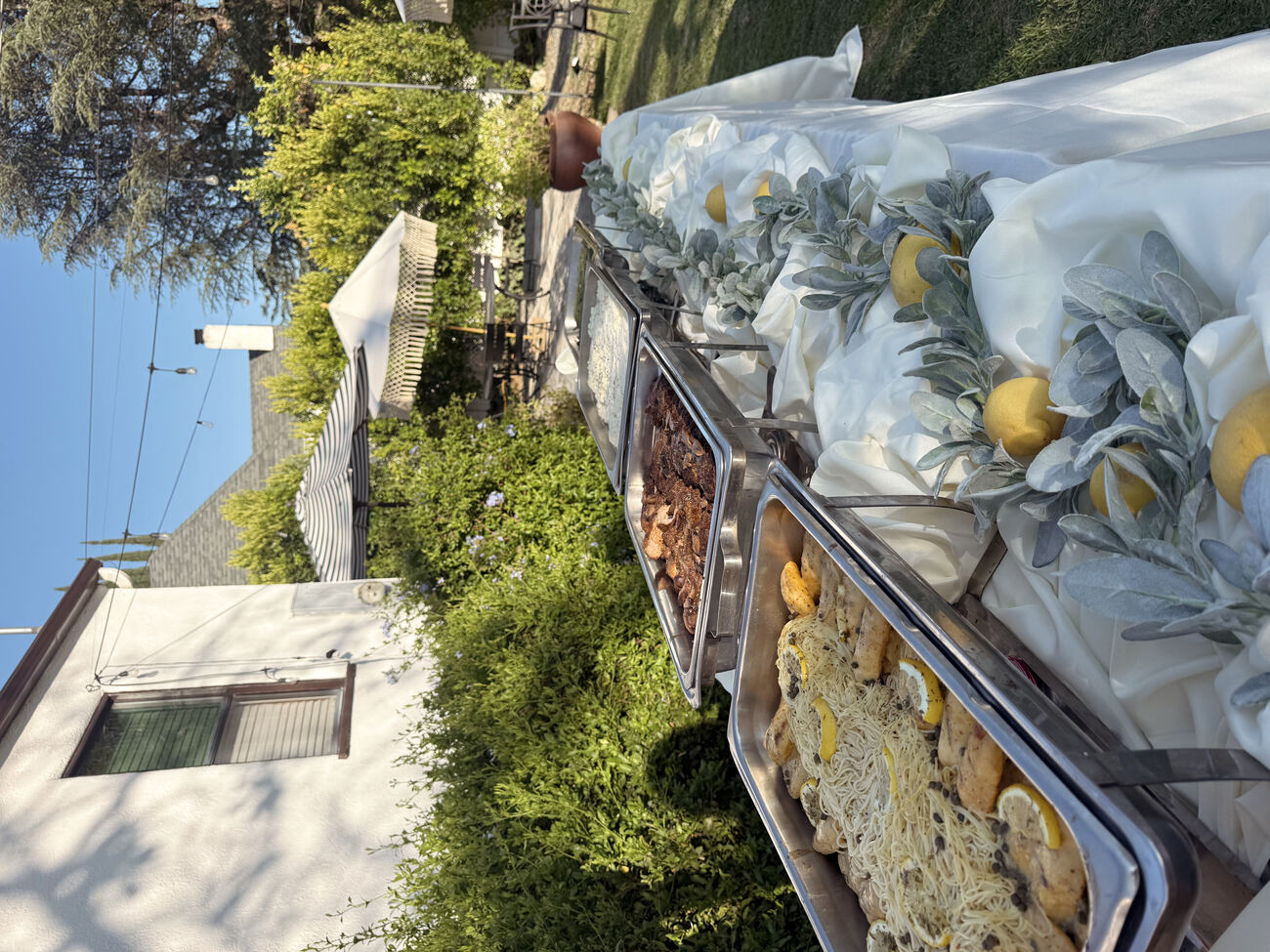 Catering chafing dishes lined up and ready to serve